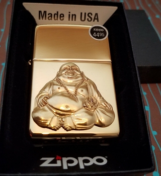 Zippo Windproof Solid Brass Laughing Buddha Emblem Lighter - Made In USA